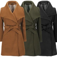 elegant long womens wool coat winter warm lapel belted jackets solid color slim fit casual coats female long style outerwear