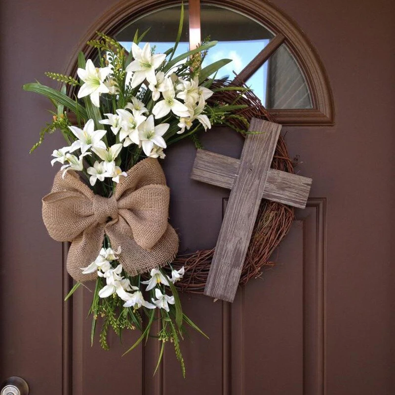 

Ho Easter Wreath With Cross Burlap Bow Rustic Grapevine Wreath Spring Decorating DIY Easter Front Door Wreath Decoration FQ-ing
