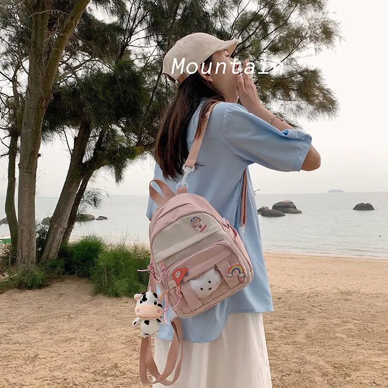 

Lovely Multifunctional Backpack Teenage Girl Ring buckle Portable Travel Bag Female Small Schoolbag Badge Women Backpacks