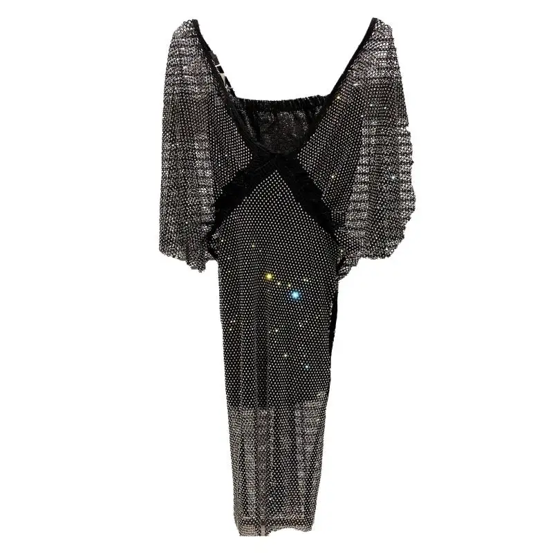 

2021 Summer New Rhinestone Shiny Mesh V-neck Dress with Camisole Tops Short Sleeve Perspective Sexy Dress Party Night Vestido