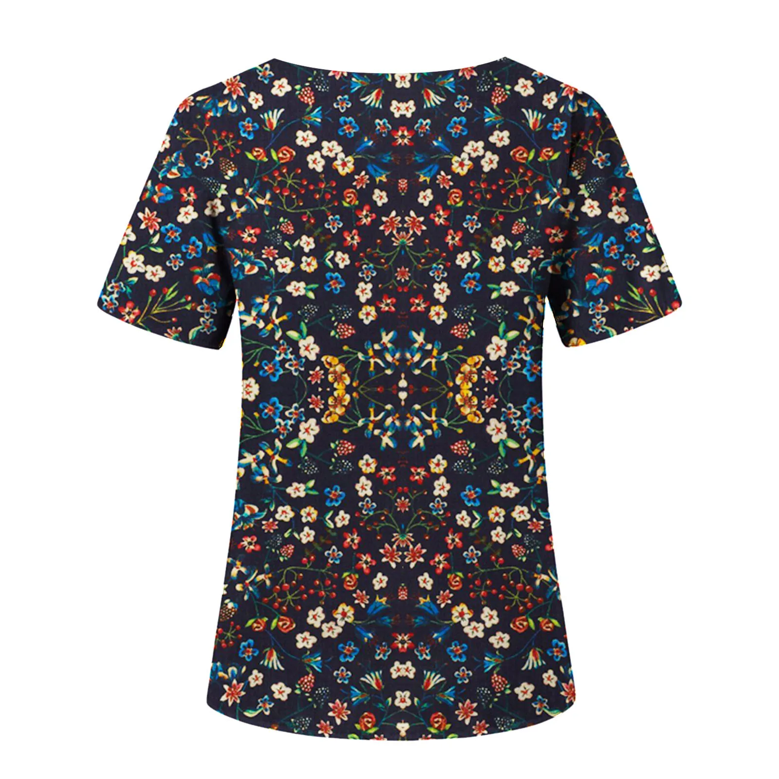 

New Women Short Sleeve V-Neck Tops With Pockets Working Uniform Workwear Top Flower Pattern Blouse Nurse Acessorios Care Clothes