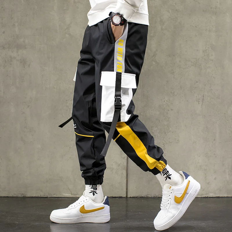 

2021 Mens Big Pockets Ribbons Hiphop Cargo Pants Streetwear Men Black Joggers Pants Male Overalls Sweatpants Men Clothes