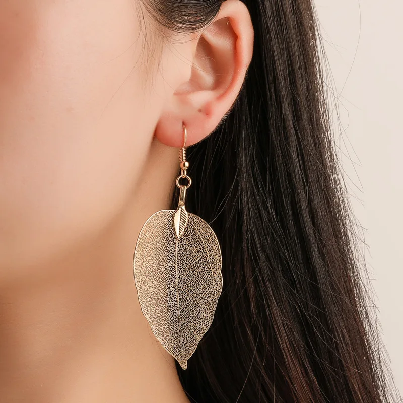 

2021 Unique Natural Real Long Leaf Earrings for Women Filigree Dipped Leaf Earrings Jewelry Accessories Party Gifts