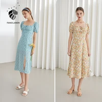 fansilanen office lady french floral a line dress summer 2021 new style square neck blue yellow long skirt women sweet style