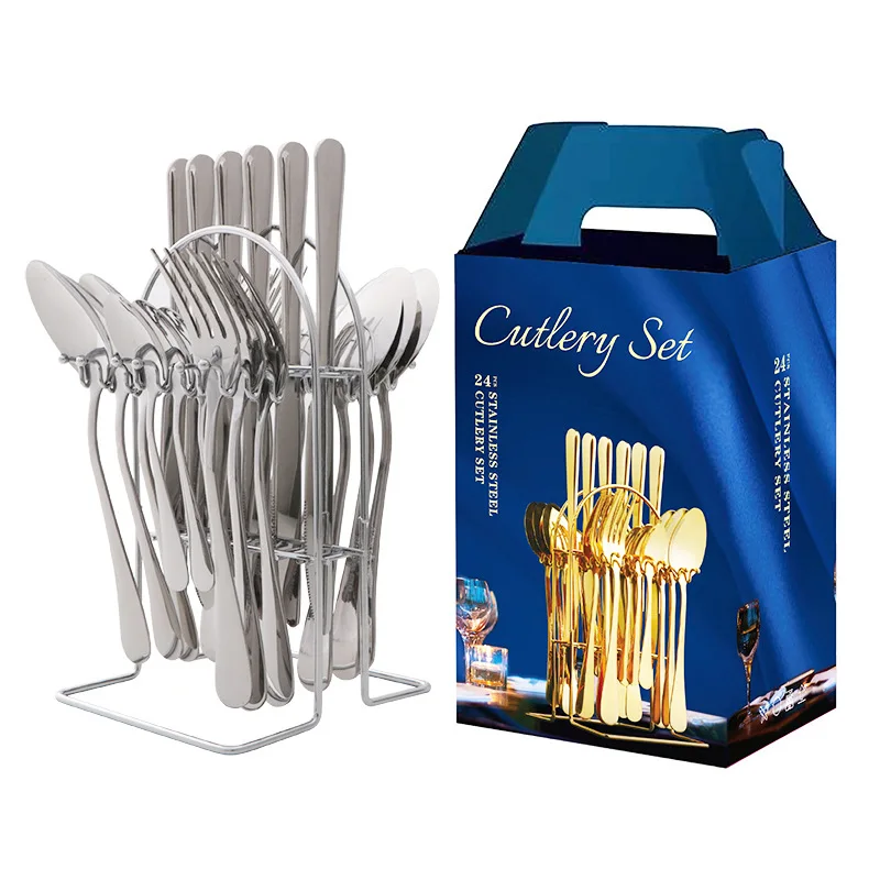 

24PCS set Stainless steel Tableware Cutlery set with Storage Cutlery Rack Gift box set Dishes and Plates sets Tableware set