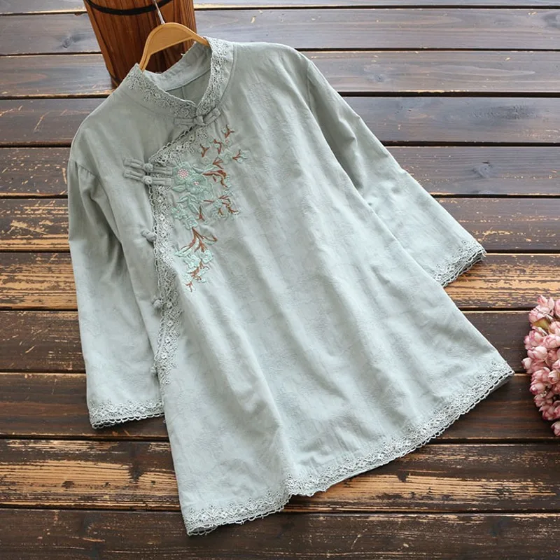 

Womens Blouse Cotton and Linen Plus Size Vintage Embroidery Casual Blouse Tops bluzas de mujer 2020 blusas largas mujer