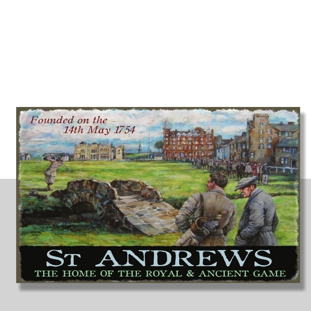 

St Andrews, игра в гольф-клуб, шотландская старинная картина, Маленький Металлический Стальной знак