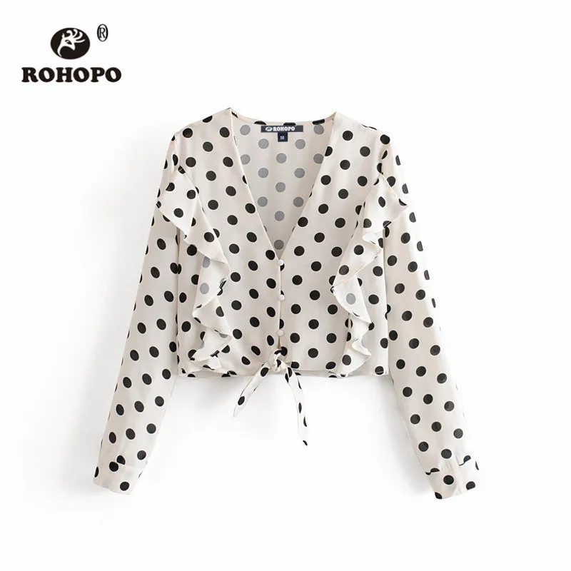 ROHOPO черная Polk Dot с длинными рукавами спереди гофрированный галстук подол белая