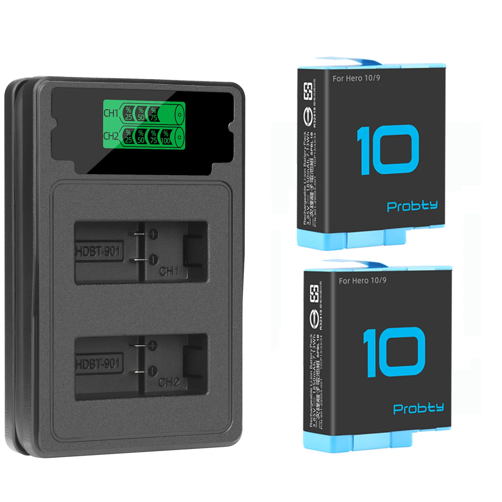 Фото 2 аккумулятора 1850 мАч для GoPro Hero 10 2-стороннее зарядное устройство со светодиодной
