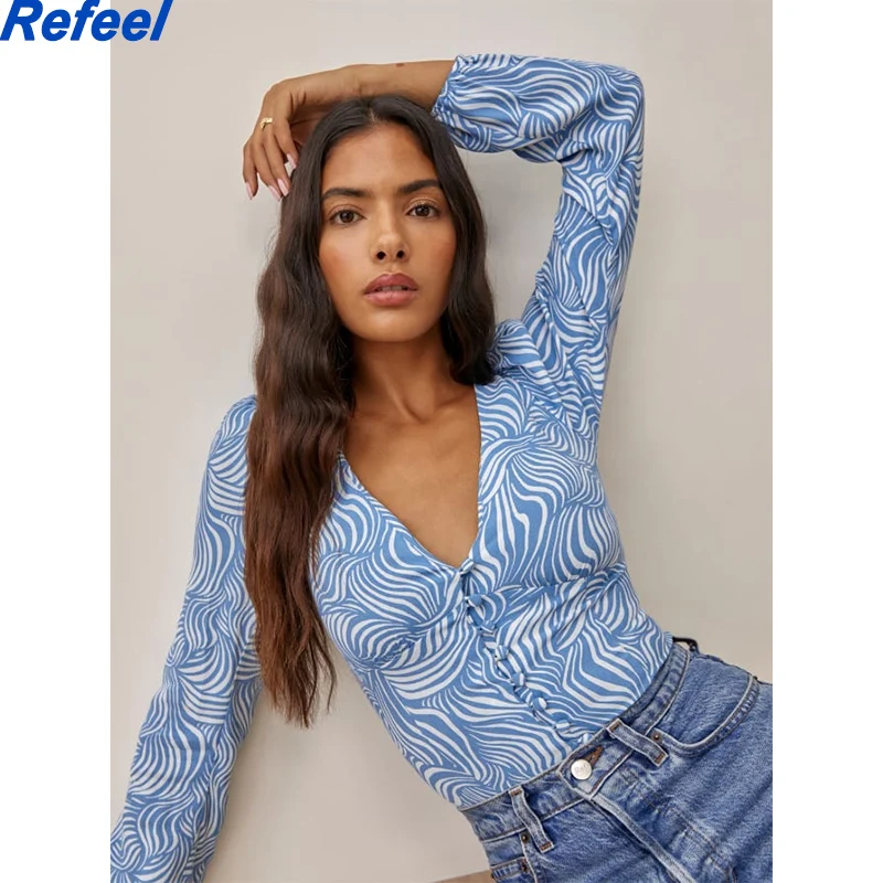 

Women Summer Camis New Fashion Casual Watermark Crop Top Print Slim V-neck Long Sleeve Drawstring Short Tank Top