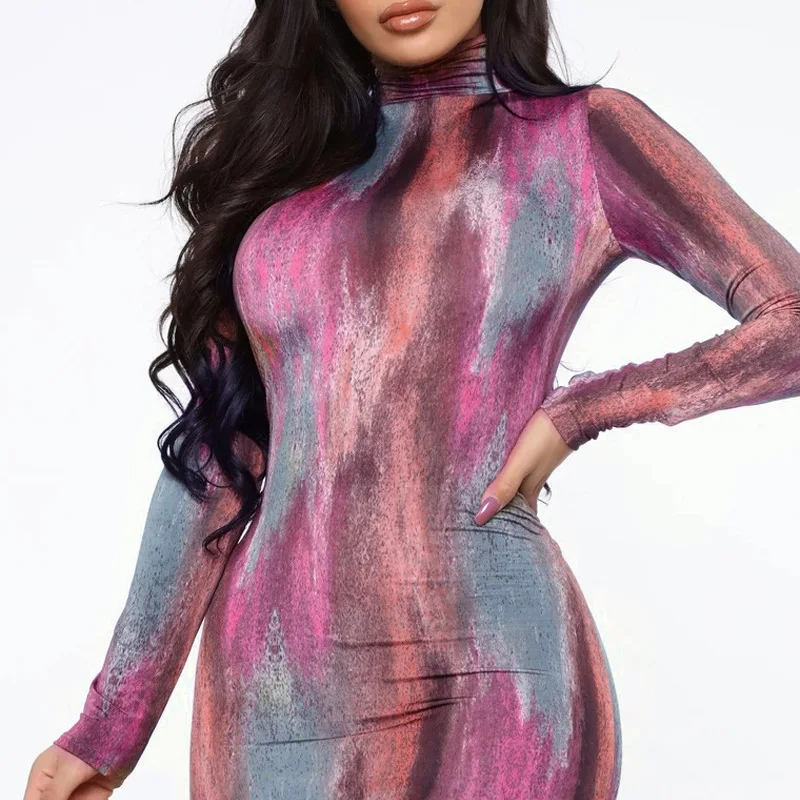 

Dresses Tie Dye Long Sleeve Side Split Midi Dress Elegant 2020 Autumn Winter Clothes Party Club Bodycon Outfit Vestido De Mujer