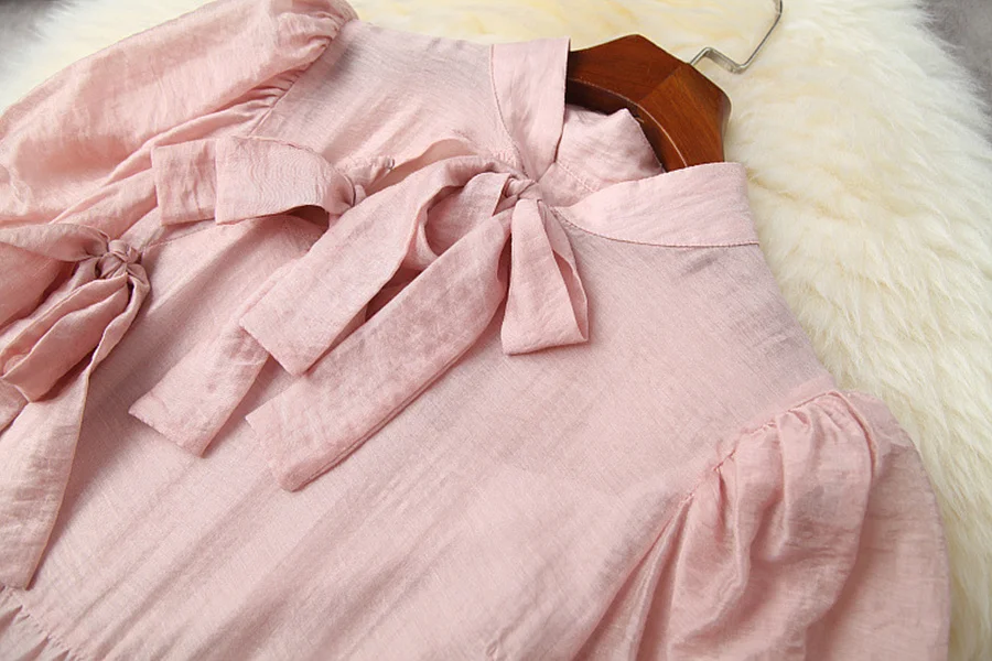 

Europe and the United States women's clothing New Summer 2021 Short sleeve stand collar bow pink Fashion dress