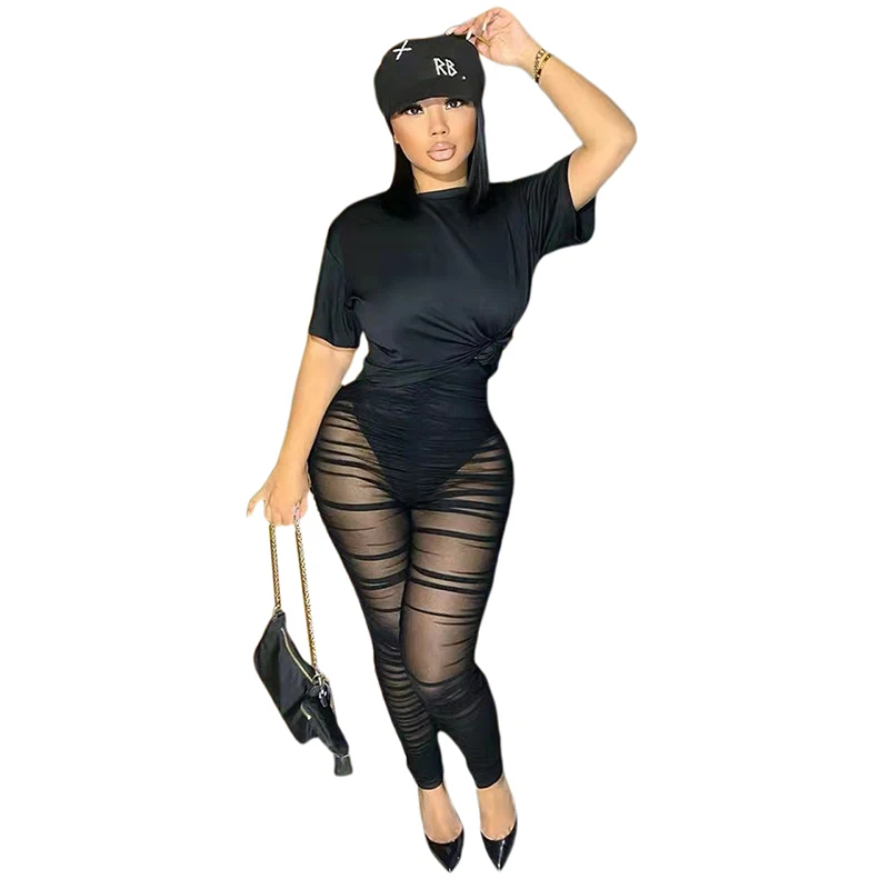 

Two Piece Set Solid Color Short Sleeve Pullover Backless Top+Slim Mesh Pencil Pants Casual Party Clubwear Outfits for Women