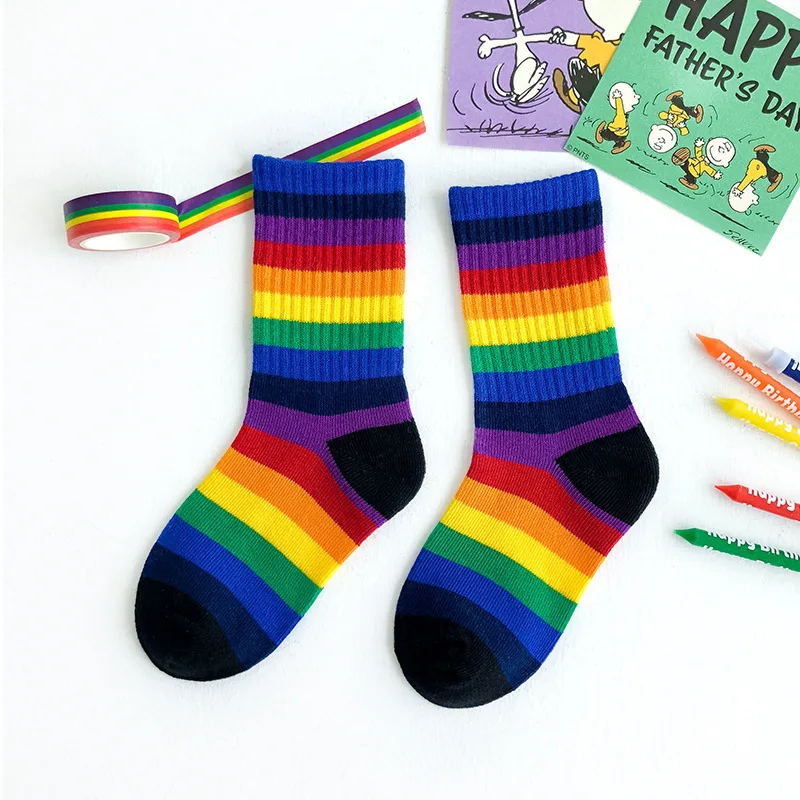 

1-8 Years Rainbow Socks for Kids Autumn Baby Girls Boys School Clothes Child Children's Socks 3 5 7 Cotton Sports Socks Striped