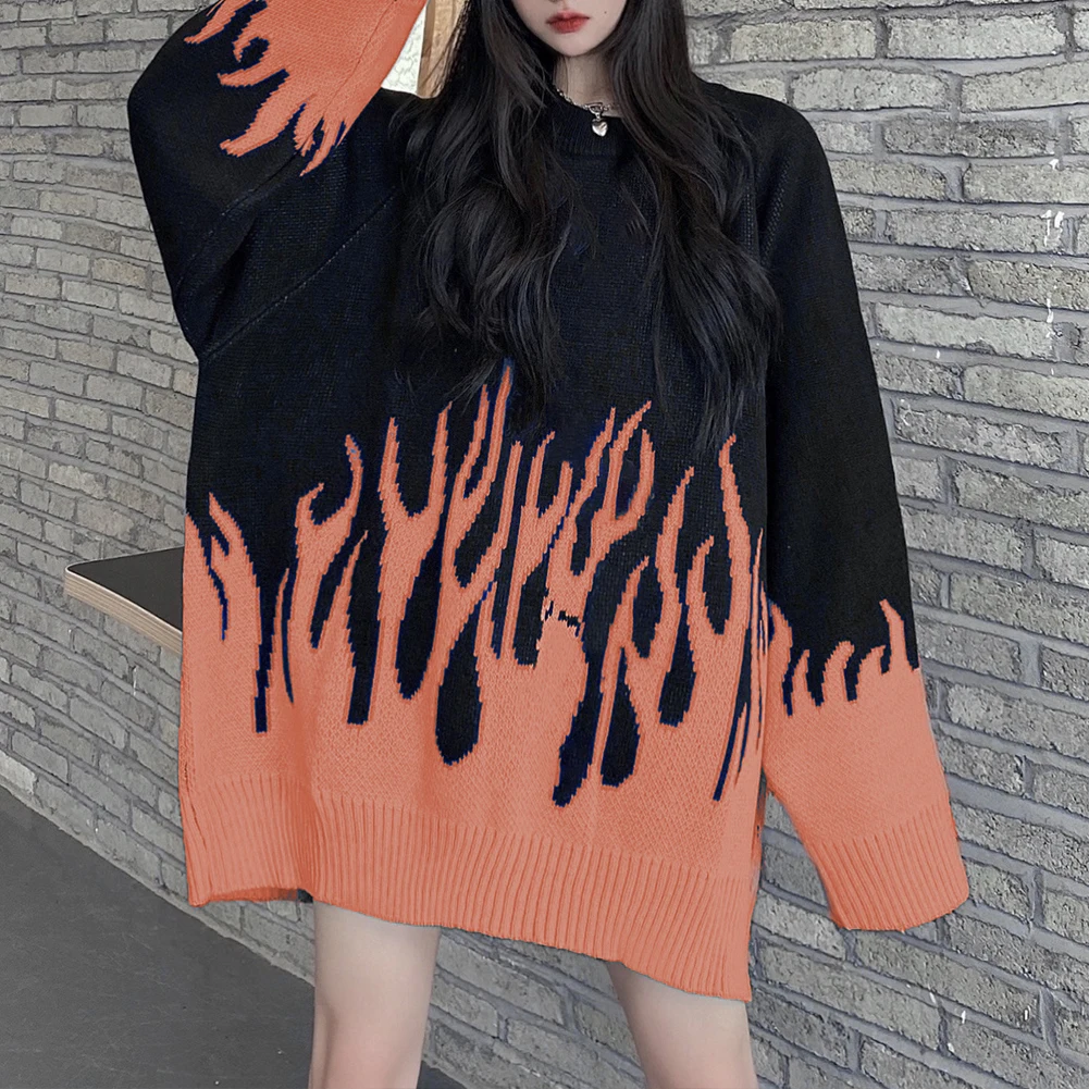 Новинка 2021 свитер YiYiMiYu Женский жаккардовый в стиле хип-хоп с принтом пламени