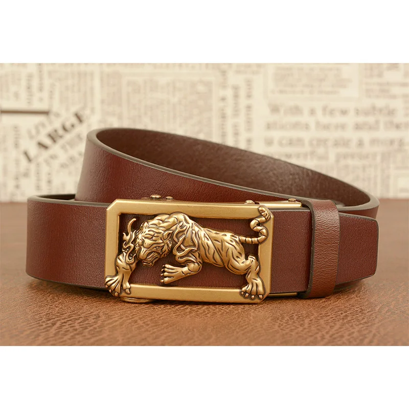 

Mens Belts Genuine Leather Luxury Animal Big Tiger Gold Silver Automatic Buckle Solid Pattern Casual Belt Strap Belt For Male