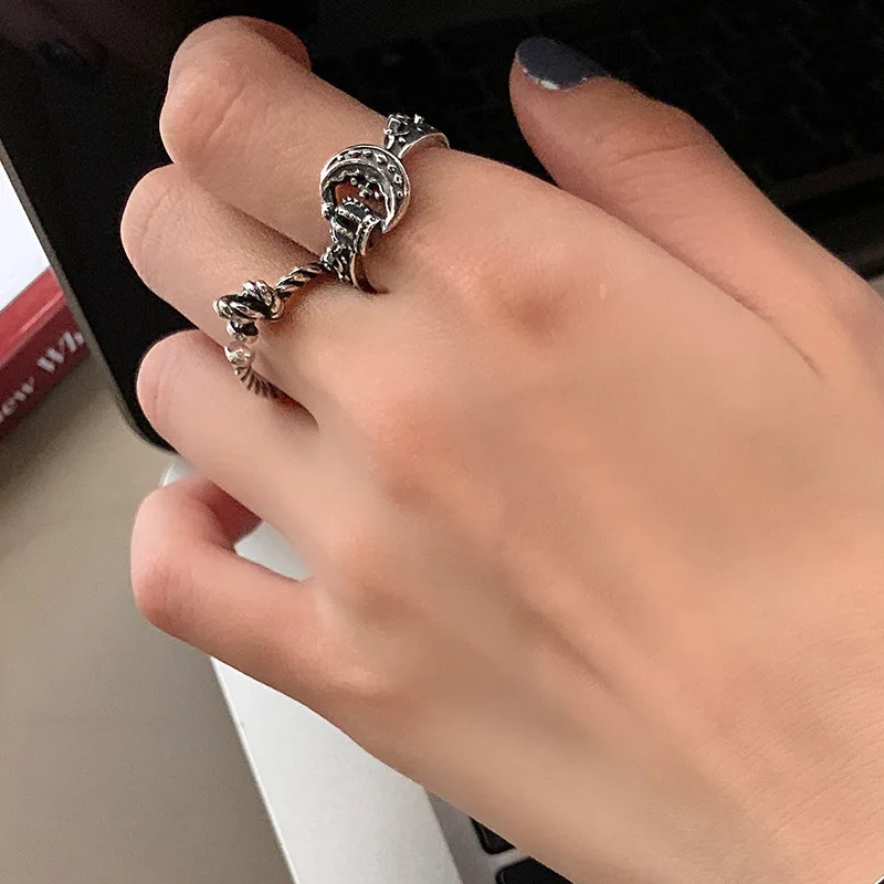 

MEETSOFT 925 Sterling Silver Retro Twist Moon Crown Knot Opening Ring Index Finger Ring for Women HipHop Jewelry Drop Shipping