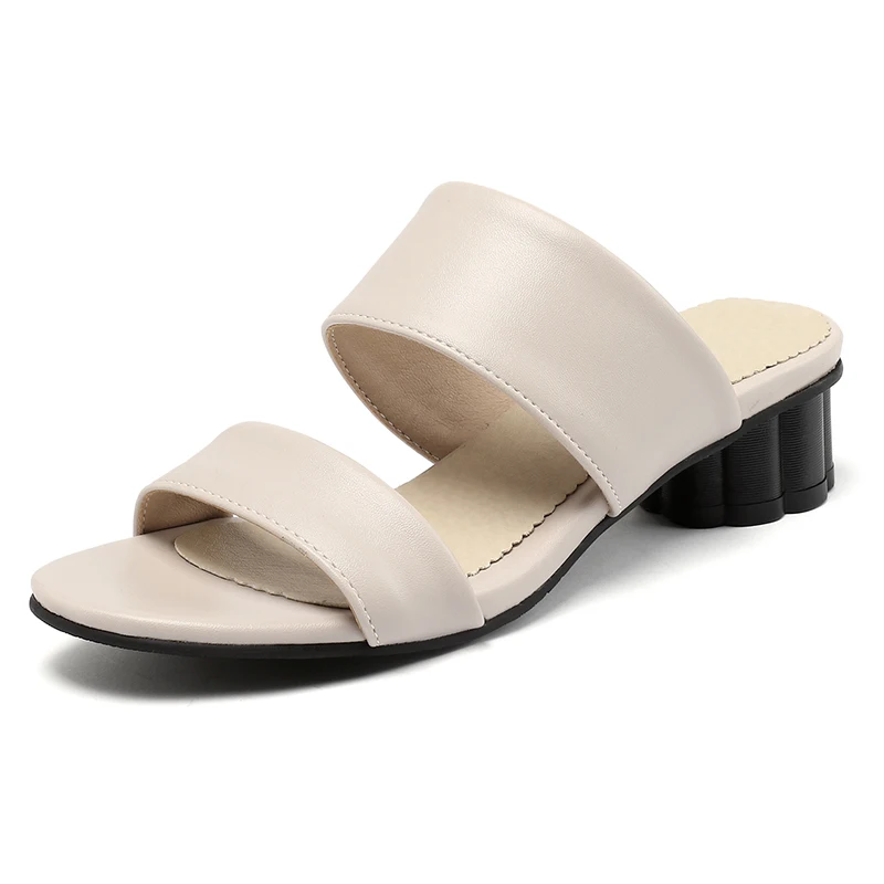 

Summer Women Slippers PU Strange Med Heel Comfortable Shoes Casual Color Black White Beige Big Yards 47 48