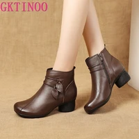 gktinoo 2021 new autumn winter thick heel ankle boots women warm boots shoes handmade genuine leather flowers zipper retro boots