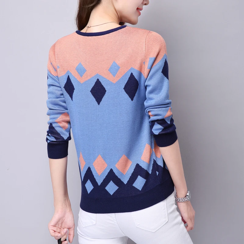 S-3XL Autumn Winter Women Student Korean Sweater Geometric Pattern Knitted Pullover Thick Long Sleeve Casual Tops 61761 | Женская одежда