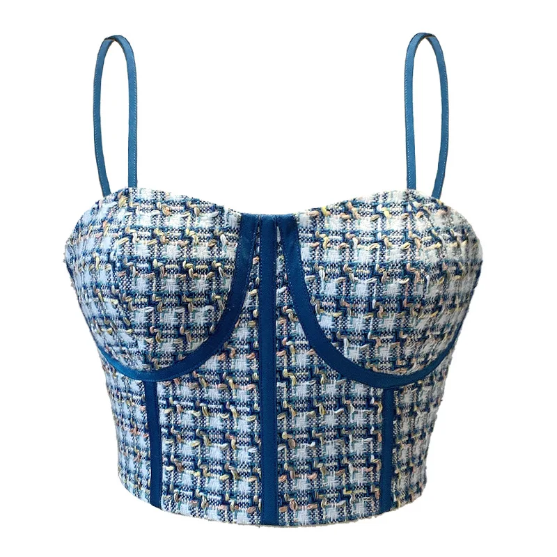 

2021 New Women Braided Tweed Plaid Camisole Sexy Backless Cropped Top Design Sense Tube Top Corset Nightclub Party Tank Tops