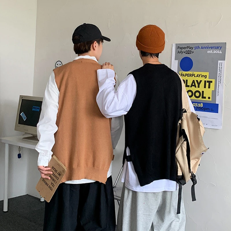 

Korean Sweaters Vest Men's Solid Loose Fit Pullover Knitwear Sleeveless Sweater Vests Male O-Neck Casual Oversize Couple Clothes