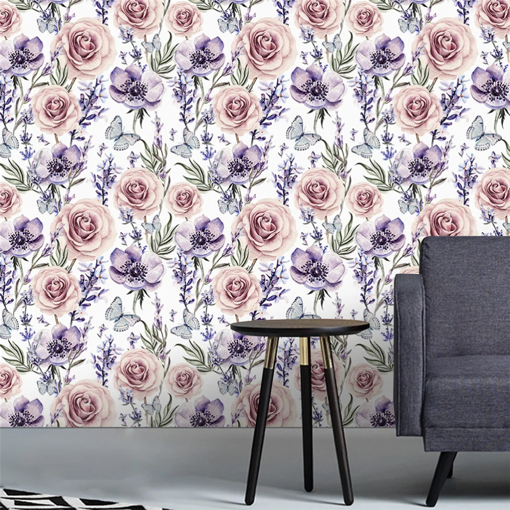 

1pc Watercolor Lavender Rose Background Wallpaper Waterproof Wallpaper Self-adhesive Wall Decal 45x200cm(Lavender)