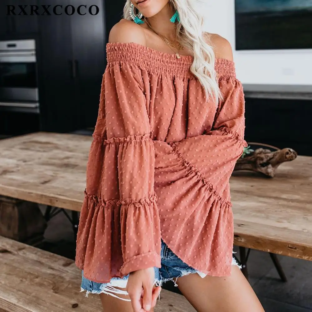RXRXCOCO женские блузки шифоновые рубашки с воротником лодочкой и открытыми плечами однотонные Свободные