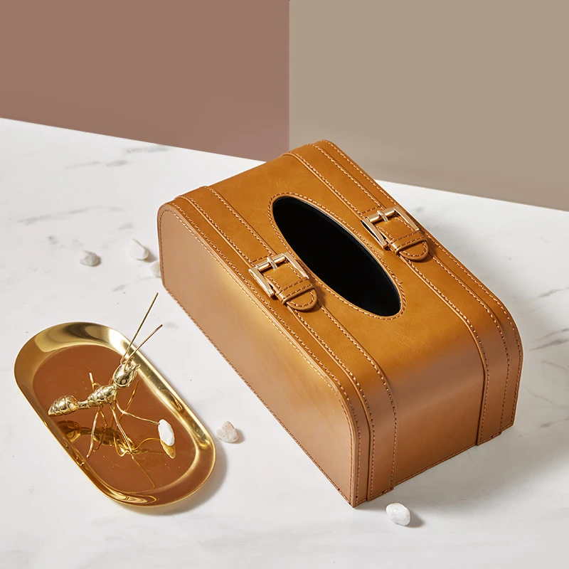 

European American Style Paper Storage Box For Home Living Room Dining Room Car Decor Ornament With Square Leather Tissue Box