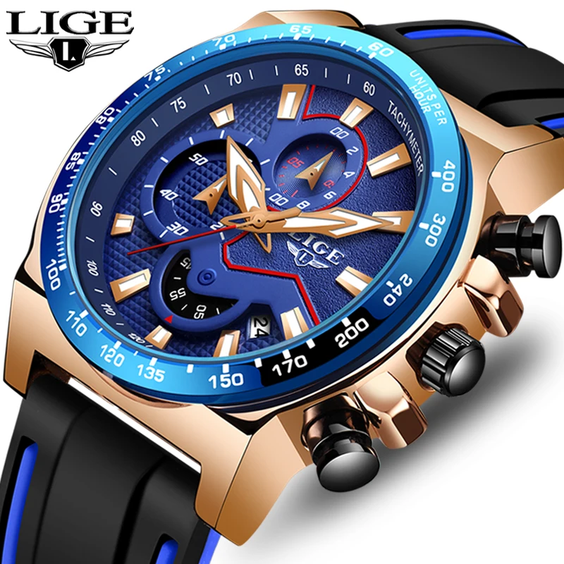 Часы наручные LIGE мужские с силиконовым ремешком брендовые Роскошные Кварцевые