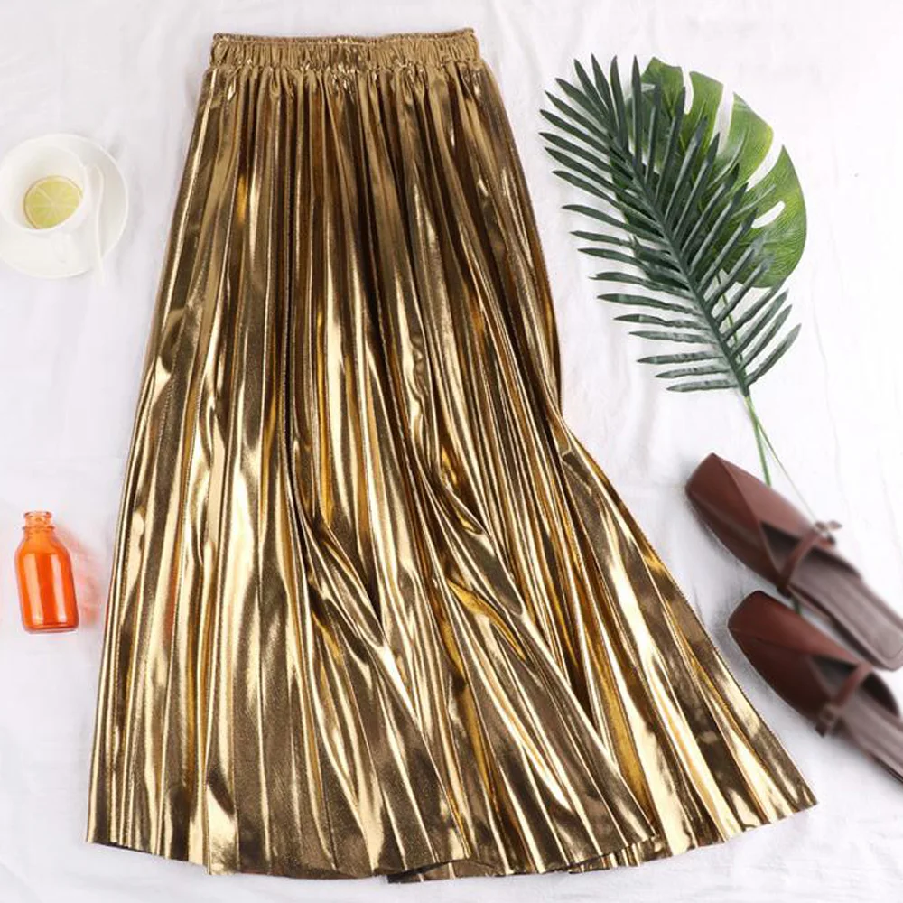 

Womens Vintage Pleated Midi Long Skirt Female Korean Casual High Waist Metallic Skirts Jupe Faldas Shiny Colors 2022 Spring