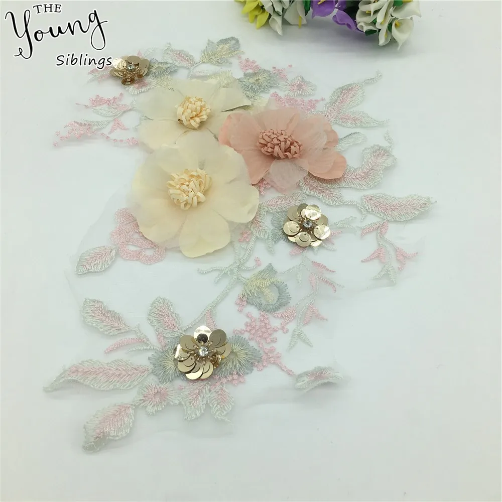 Женская мода вышивка аппликация 3D кружевной воротник Тюль Блестки шитье вырез