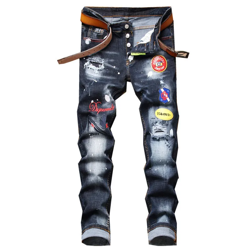 

Модные брендовые дизайнерские мужские рваные джинсы KIMSERE с нашивками, облегающие вышитые джинсовые брюки, облегающие брюки
