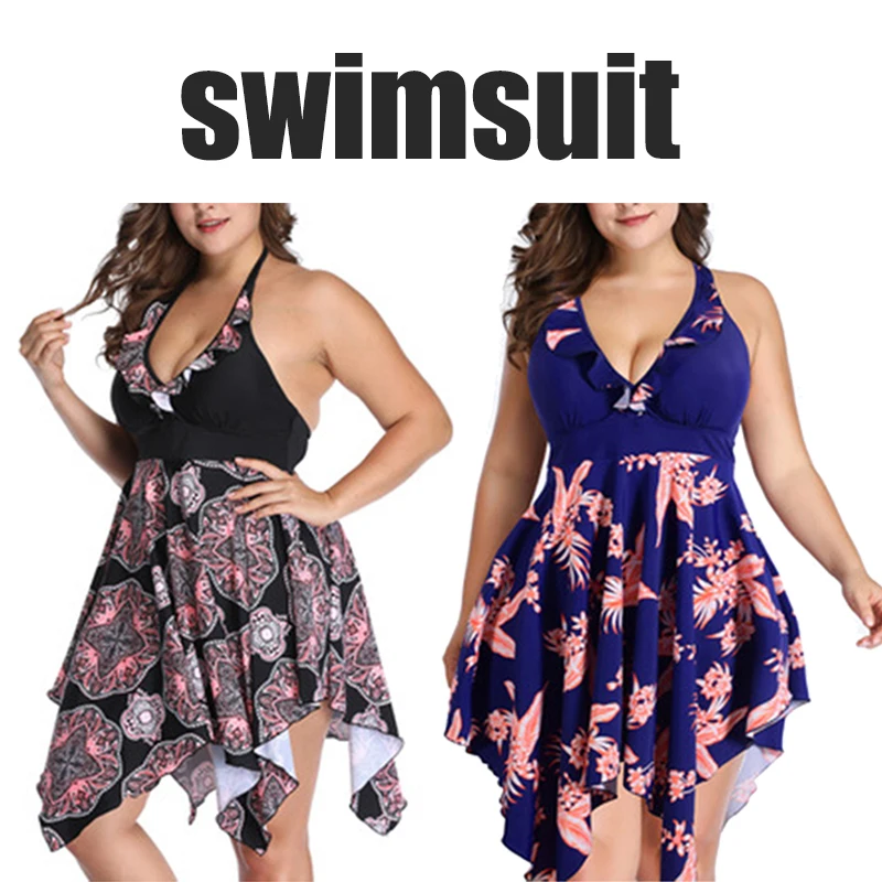 

Hot Sale Plus Size Swimwear for Women Adjustable Halter Sling V Neck Padded Summer Swimming Dress Ruffle and Irregular Hem X85