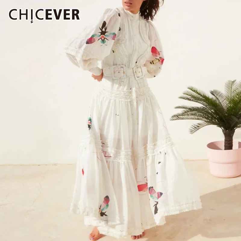 

CHICEVER повседневное цветное Платье с принтом для женщин, воротник-стойка, рукав-фонарик, высокая талия, миди платья, женская одежда, осень 2021
