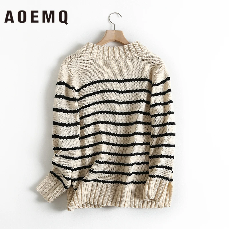 AOEMQ Thick Warm Sweaters Winter Christmas V-Neck Pullovers Hand Made Black Striped Print Women Clothing |