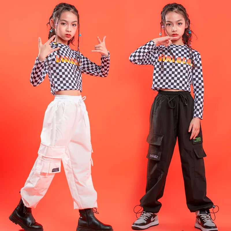 

Girls Hip Hop Plaid Crop Top kids checked Sweatshirt Joggers Clothes Sets Cargo Pants Street Dance Child Jazz Dacewear Costumes