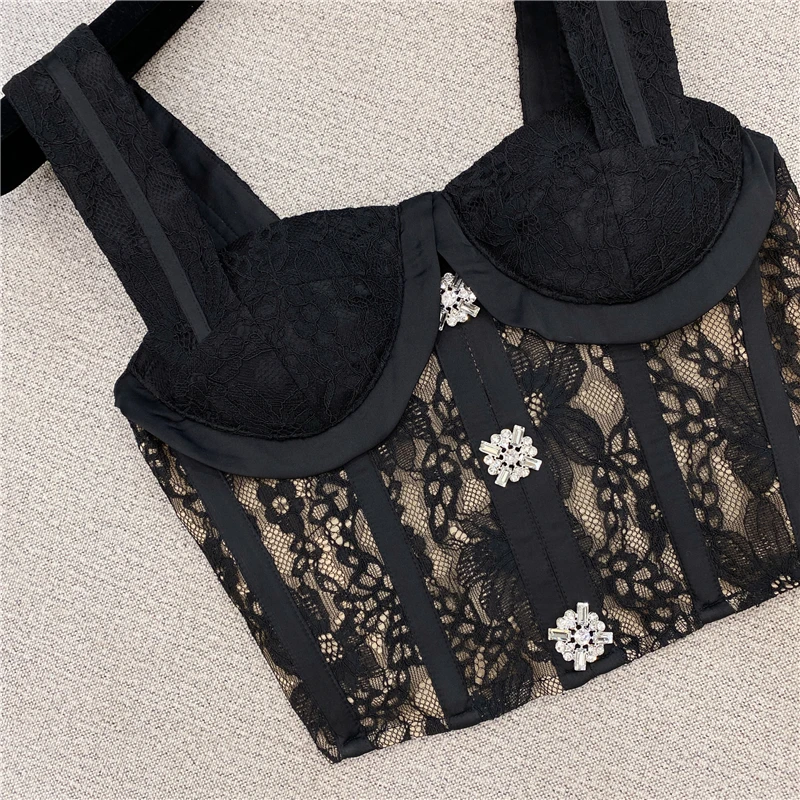 winter new style foreign style versatile blouse sexy chest show diamond lace short suspender vest female