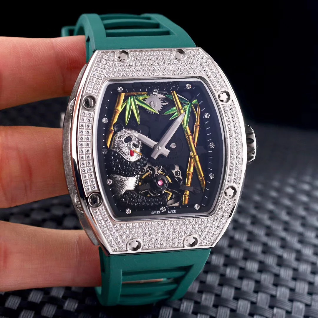 

Luxury Brand New Men Automatic Mechanical Skeleton Blue Black Grey Rubber Panda Iced Diamonds Stainless Steel Watch Tourbillion