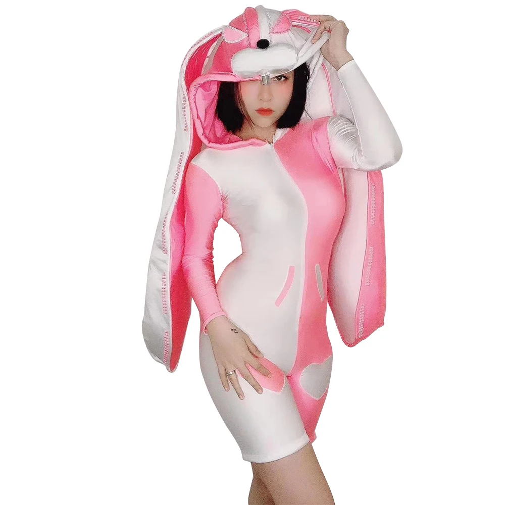 Halloween Party Cute Rabbit Big Ears Hooded Jumpsuit Women Elastic Tights Bunny Cosplay Playsuit Dance Bodysuit Stage Costumes