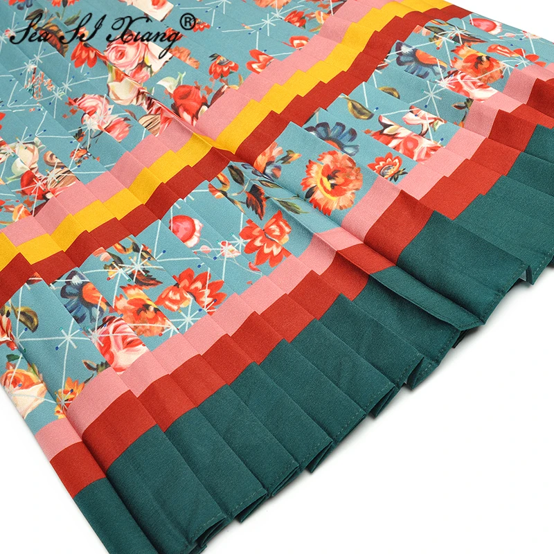 

SEASIXIANG Fashion Designer Autumn Dress Women's Stand Collar Mesh Long Sleeve Floral Print Pleated Dresses