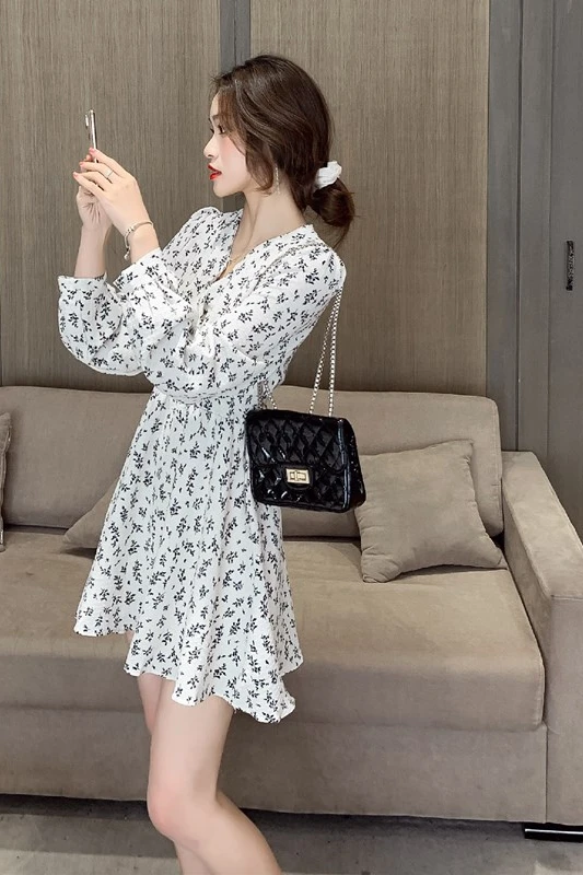 

COIGARSAM Floral Print Women dress New Spring Summer Dresses White Black 1118