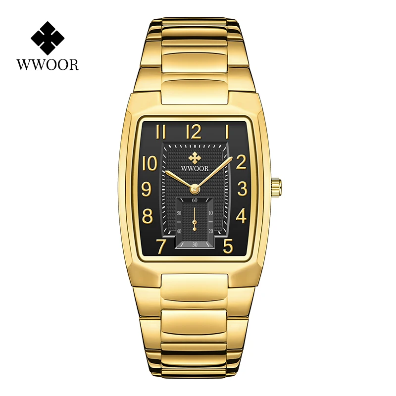 

WWOOR Luxury Watch Men 2021 Gold Black Rectangular Stainless Steel Quartz Wristwatch 3ATMWaterproof Men Watch Relogio Masculino