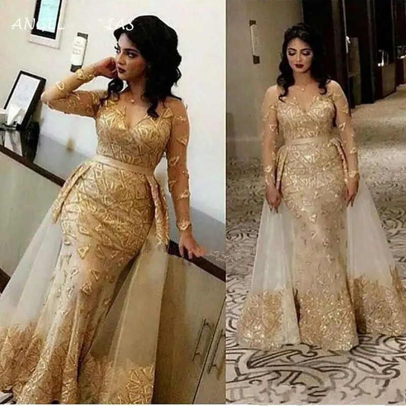 

2020 Arabic Gold Champagne Evening Dresses Wear for Women Mermaid Lace Appliques Beads Overskirts Floor Length Formal Prom Dress