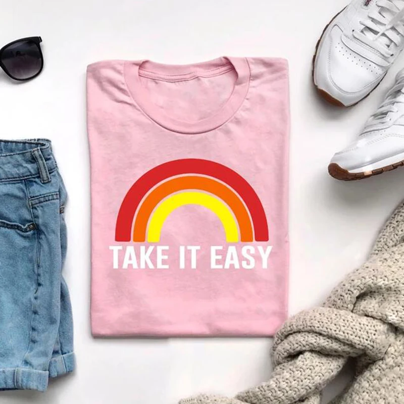 Футболки Rainbow Take It Easy Graphic женская модная футболка со слоганом в повседневном
