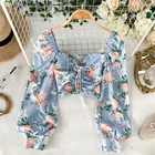 Женский винтажный топ в дворцовом стиле, короткий эластичный Топ с квадратным вырезом и принтом, Облегающая рубашка во французском стиле, на лето