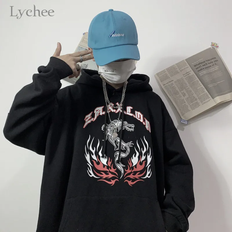 Женский флисовый Свитшот Lychee в стиле Харадзюку С Капюшоном и принтом пламени