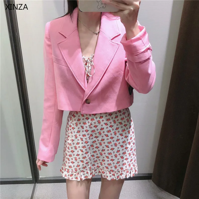 

2021 Za Women Pink Cropped Blazer Long Sleeve Shoulder Pads Office Lady Blazers Coat Female Fashion Button Up Fit Outerwear Top