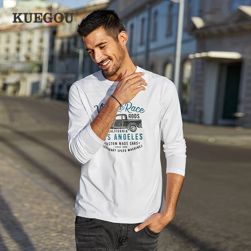 KUEGOU 100% хлопковая Футболка мужская Осенняя уличная футболка с буквенным принтом