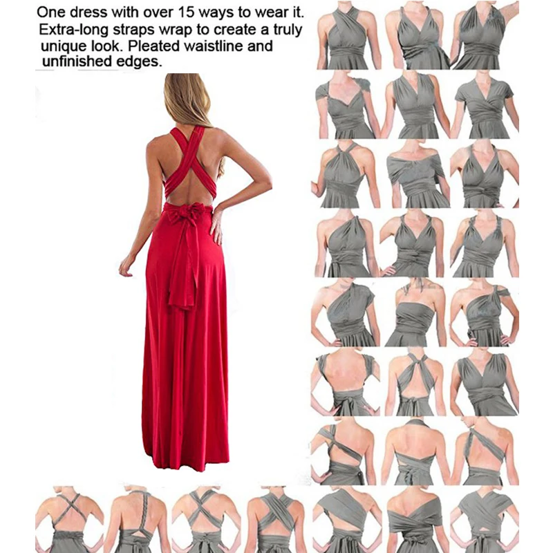 

Women Fitted Bohemian Long Bandage Dress Sexy Red Convertible Strappy Infinity Long Dress for Bridesmaids Party Club